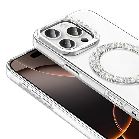 Apple iPhone 16 Pro Kılıf Pırlanta Taş Tasarımlı Magsafe Şarj Özellikli Redclick Karetta Silikon Kapak