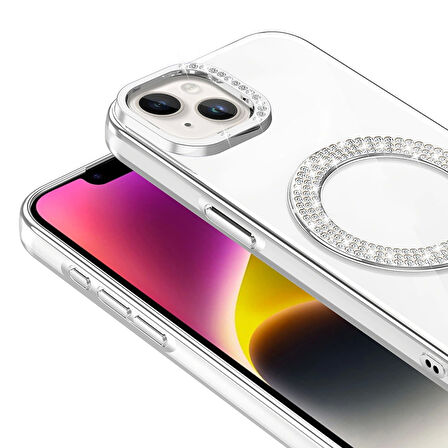 Apple iPhone 13 Kılıf Pırlanta Taş Tasarımlı Magsafe Şarj Özellikli Redclick Karetta Silikon Kapak