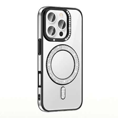 Apple iPhone 16 Pro Kılıf Pırlanta Taş Tasarımlı Magsafe Şarj Özellikli Redclick Karetta Silikon Kapak