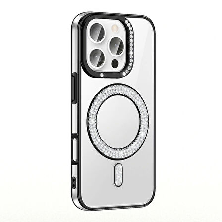 Apple iPhone 16 Pro Max Kılıf Pırlanta Taş Tasarımlı Magsafe Şarj Özellikli Redclick Karetta Silikon Kapak