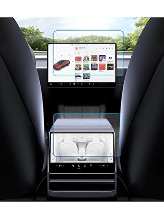Tesla Model Y Juniper Yeni Seri 2in1 Gerçek Cam Ön Arka Araç Multimedya Ekran Koruyucu - Şeffaf