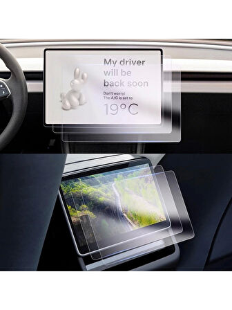 Tesla Model Y Juniper Yeni Seri 2in1 Gerçek Cam Ön Arka Araç Multimedya Ekran Koruyucu - Şeffaf