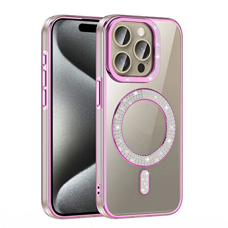 Apple iPhone 14 Pro Max Kılıf Pırlanta Taş Tasarımlı Magsafe Şarj Özellikli Redclick Karetta Silikon Kapak