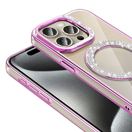 Apple iPhone 14 Pro Max Kılıf Pırlanta Taş Tasarımlı Magsafe Şarj Özellikli Redclick Karetta Silikon Kapak