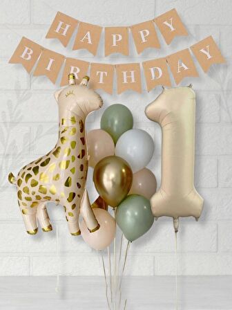 Krem 1 Yaş Rakam Balon Soft Kahve Renkler Zürafa Set  Kraft Happy Birthday Banner Parti Seti