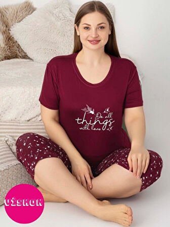 Kadın Bisiklet Yaka Düğmesiz Battal Kesim Viskon Kısa Kol Kapri Cepli Büyük Beden Pijama Takımı