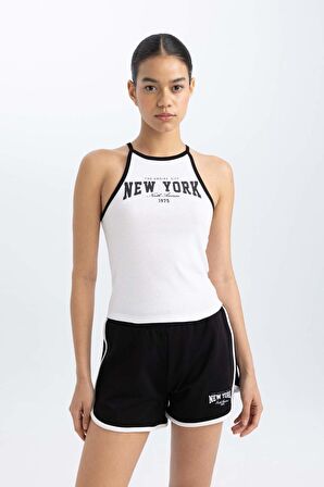DeFactoFit Crop Bisiklet Yaka Baskılı Ribana Sporcu Atlet B8972AX24SMWT80