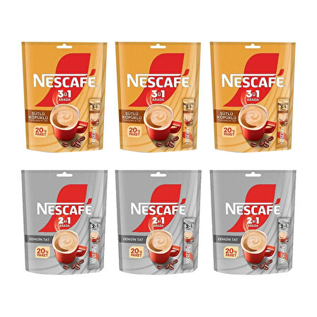 Nescafe 2 si 1 Arada 10 gr ve 3 ü 1 Arada 17,4 gr 20 li x 6 lı Karma Paket