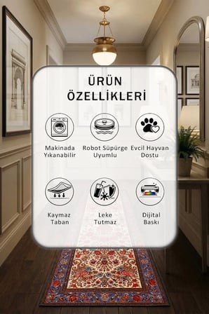 A-16 Dijital Baskılı Kaymaz Yıkanabilir Yolluk - Leke Tutmaz Vizon