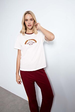 DeFacto Fall in Love Pijama Takım Bisiklet Yaka Baskılı Kısa Kollu Üst Beli Lastikli Alt D5663AX24AUBR248
