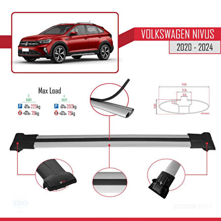 VW Nivus 2020-2024 Arası ile Uyumlu FLY Model Ara Atkı Tavan Barı Gri 3 Adet