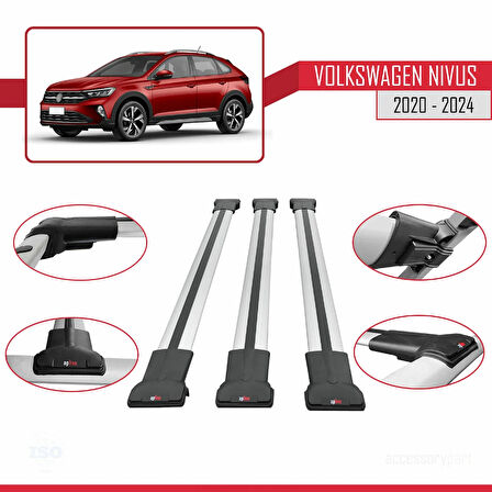 VW Nivus 2020-2024 Arası ile Uyumlu FLY Model Ara Atkı Tavan Barı Gri 3 Adet