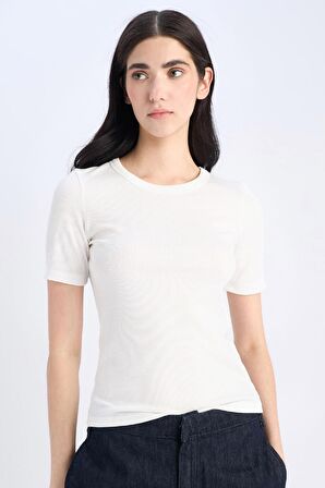 Slim Fit Dar Kesim Bisiklet Yaka Fitilli Kaşkorse Basic Düz Kısa Kollu Tişört