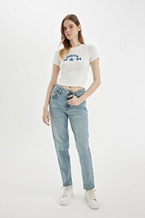 DeFacto Fitted Bisiklet Yaka Baskılı Ribana Kısa Kollu Tişört D1986AX24SMWT32