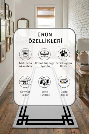 Çerçeve Klasik Gri Siyah Modern Dijital Baskı Yıkanabilir Kaymaz Yolluk Halı Gri