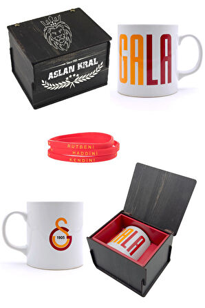 Galatasaray Orijinal Kupa Gs Orijinal Lisanslı Mug, Bileklik Set Özel Ahşap Kutulu