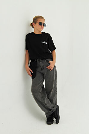 Arka Baskılı %100 Pamuk Unisex Oversize Siyah Çocuk Tişört