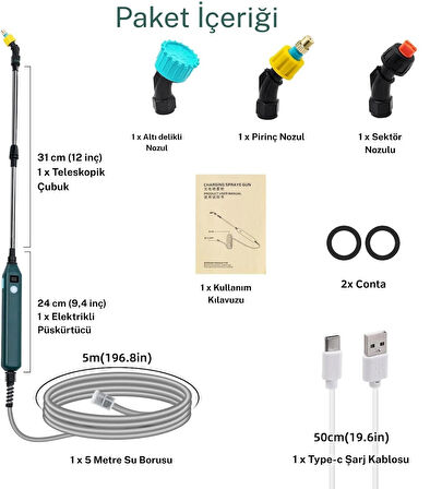 Monozone Elektrikli Basınçlı Su Tabancası Şarj Edilir Elektrikli Bahçe Sulama Püskürtücü 5m Hortum