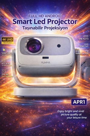 projeksiyon cihazı taşınılabilir wifi 2.4+5g-6.0 4k uhd 150 i̇nç dahili hoparlör 180 derece smart led