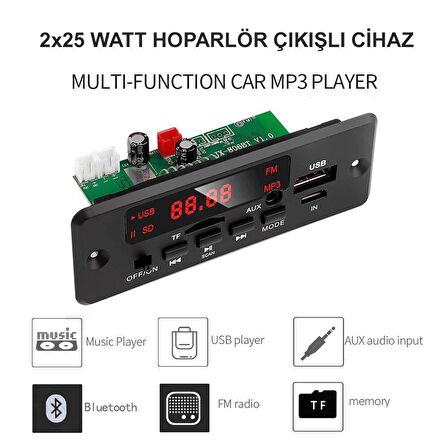 Sonreyon 12 Volt FM Oto Dekoder Bluetooth USB TF Kart  FM Radio MP3 Player