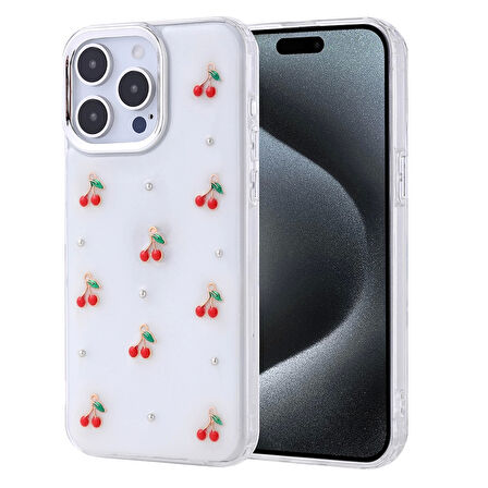 Apple İphone 15 Pro Max Telefon Kılıfı Şeffaf Simli Tasarım Kapak Fiyonk, Kiraz, Yıldız, Lale Desenli