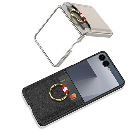 Samsung Galaxy Z Flip 7 Kıpta Yüzüklü Kartlıklı Kapak - Şık Koruma, Kredi Kart Yuvası, Stand Özelliği