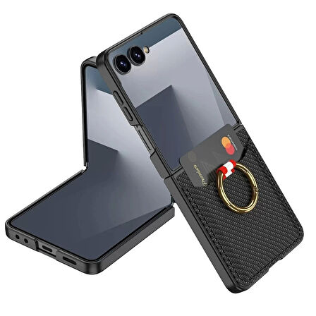 Samsung Galaxy Z Flip 7 Kıpta Yüzüklü Kartlıklı Kapak - Şık Koruma, Kredi Kart Yuvası, Stand Özelliği