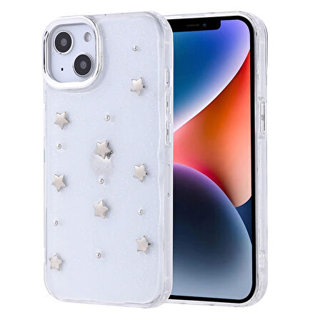 Apple İphone 13 Telefon Kılıfı Şeffaf Simli Tasarım Kapak Fiyonk, Kiraz, Yıldız, Lale Desenli