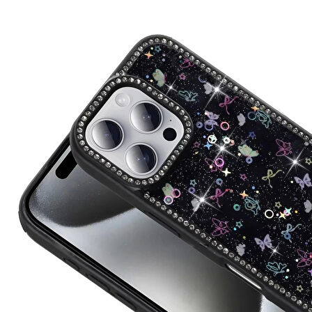 Apple İphone 15 Pro Kılıf Taşlı Simli Kenarları Silikon Parıltılı Azra Kapak Telefon Kılıfı Kamera Korumalı Yıldız&Kelebek Desenleriyle