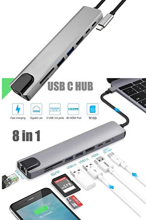 Lopard 8 In 1 Type C Hub HDMI Dönüştürücü Apple Macbook Pro/air iPhone iPad Matebook Uyumlu Çevirici Çoğaltıcı Ethernet RJ45 Sd Tf USB Type C Hub