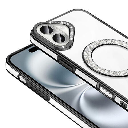 Apple İphone 16 Kılıf Pırlanta Taş Tasarımlı Magsafe Şarj Özellikli Lopard Karetta Silikon Kapak