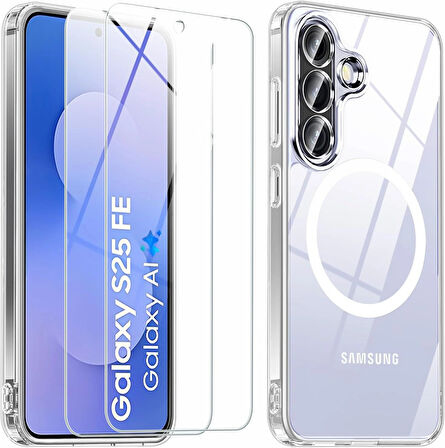Lopard Samsung Galaxy S25 FE Uyumlu Kılıf + Ekran Koruyucu Magsafe Şarj Destekli Şeffaf Sert PC Kapak Telefon Kılıfı