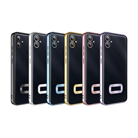 Samsung Galaxy A06 Kılıf + 9h Ekran Koruyucu Set Kamera Lens Korumalı Şeffaf Parlak Kenar Logo Açık Omega Kapak Mavi Siyah Gold Renk