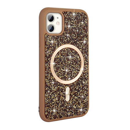 Apple İphone 11 Kılıf Pırlanta Tasarımlı Magsafe Şarj Özellikli Lopard Mozaik Silikon Kapak