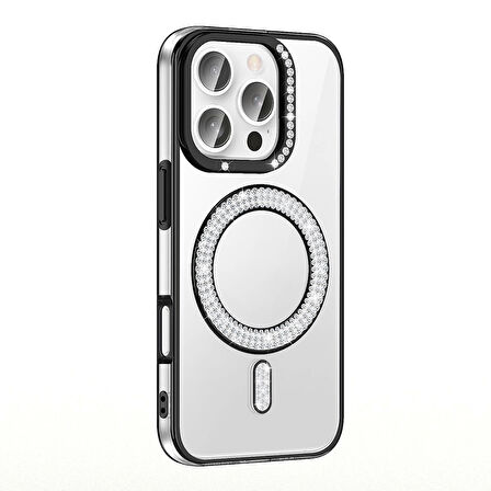 Apple İphone 16 Pro Max Kılıf Pırlanta Taş Tasarımlı Magsafe Şarj Özellikli Lopard Karetta Silikon Kapak