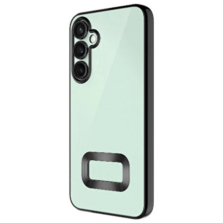 Samsung Galaxy S24 Fe Kılıf Kılıf + 9h Ekran Koruyucu Set Kamera Lens Korumalı Şeffaf Parlak Kenar Logo Açık Omega Kapak Mavi Siyah Gold Renk Parlak Kenarlı