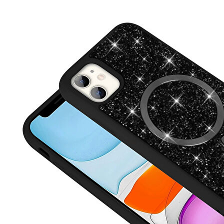 Apple İphone 11 Kılıf Pırlanta Tasarımlı Magsafe Şarj Özellikli Lopard Mozaik Silikon Kapak