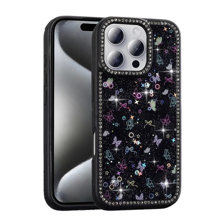 Apple İphone 16 Pro Max Kılıf Taşlı Simli Kenarları Silikon Parıltılı Azra Kapak Telefon Kılıfı Kamera Korumalı Yıldız&Kelebek Desenleriyle