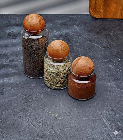 3'lü Lüks Ahşap Top Kapaklı Cam Saklama Kavanozu Seti | Çay Kahve Baharatlık Erzak Kabı