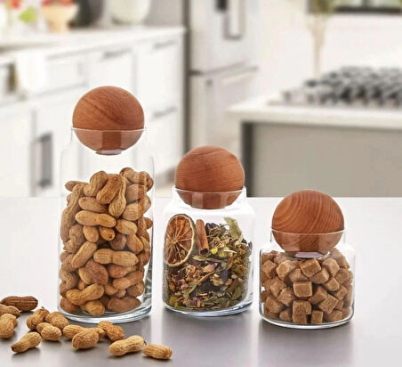 3'lü Lüks Ahşap Top Kapaklı Cam Saklama Kavanozu Seti | Çay Kahve Baharatlık Erzak Kabı