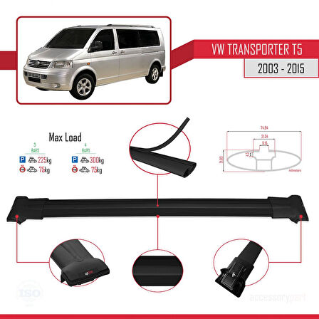 Volkswagen T5 Transporter 2003-2015 Arası ile Uyumlu FLY Model Ara Atkı Tavan Barı Siyah 3 Adet