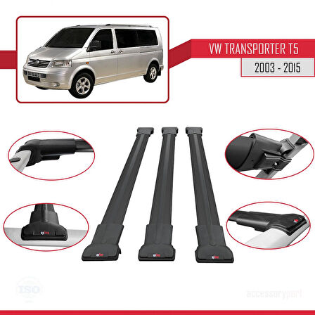 Volkswagen T5 Transporter 2003-2015 Arası ile Uyumlu FLY Model Ara Atkı Tavan Barı Siyah 3 Adet
