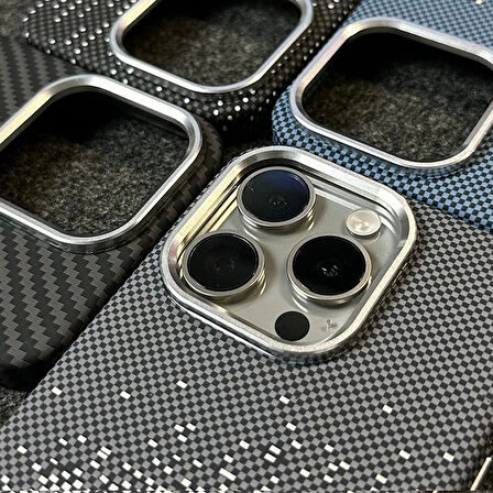 15 Pro Karbon Fiber Metal Kamera Korumalı Kılıf İnce Sert Magsafe Arka Kapak Koruma Siyah Mor Kahve