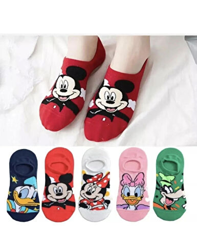5’lı Çizgi Film Karakterli Renkli Kadın Babet Çorap Seti – Mickey Minnie Donald Daisy Desenli