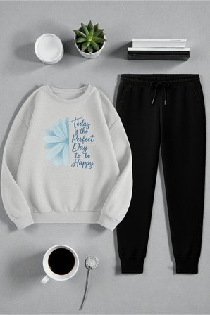 Unisex Today is The Perfect Tasarım Basklı Bisiklet Yaka Sweatshirt - 2'li Eşofman Takımı
