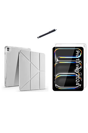 Apple iPad Pro 13 2024 M4 (A2925-A2926) Tri Fold Kalemlikli Tablet Kılıfı Ekran Koruyucu ve Kalem