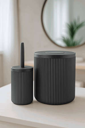 Lines Serisi Gri Banyo Seti, 2 Parça Akrilik Silindir 5 Litre Çöp Kovası ve Tuvalet Fırçası Takımı 3