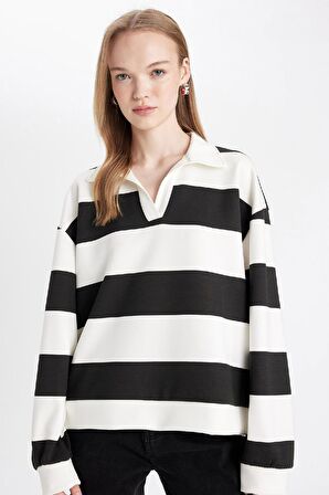 DeFacto Oversize Geniş Kalıp Çizgili Polo Yaka Kalın Sweatshirt D4754AX24AUWT32