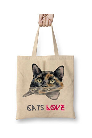 Cats Love Kedi Beyaz Bez Çanta Uzun Saplı Alışveriş Çantası Plaj Çantası