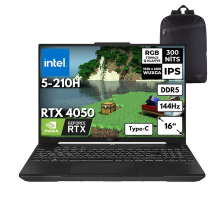 ASUS TUF F16 Intel 5-210H 32-GBDDR5 4 TBSSD RTX4050 (6GB-140W) 16" WUXGA 144Hz Freedos + Sırt Çantası FX607VU-RL146HMF17